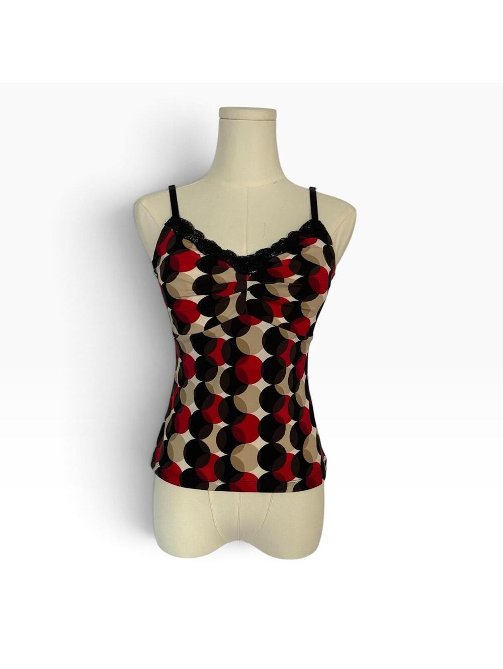 Y2K red, black, and beige polka dot cami top with lace trim